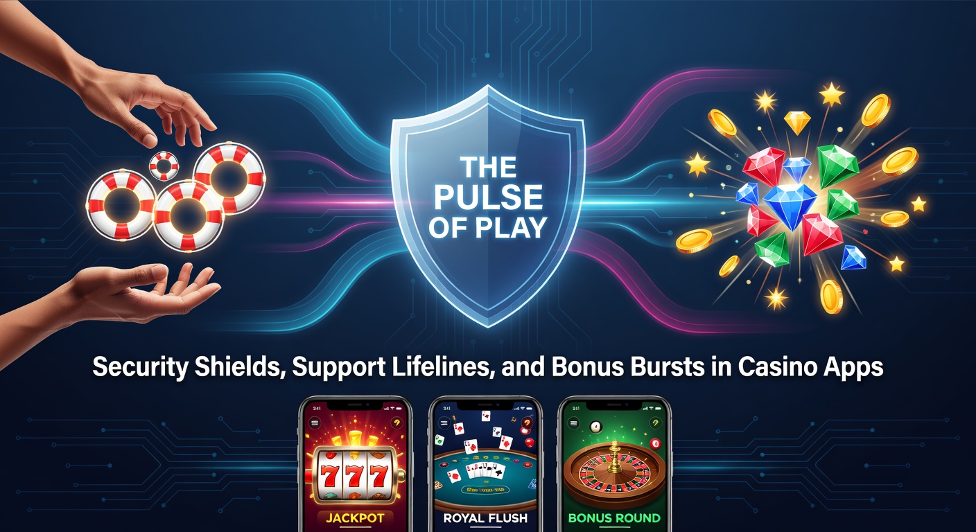 Smartphone mit Casino-App im Vordergrund, umgeben von Symbolen für Schloss, Chat-Bubble und explodierenden Münzen, die den Puls des mobilen Gamings symbolisieren
