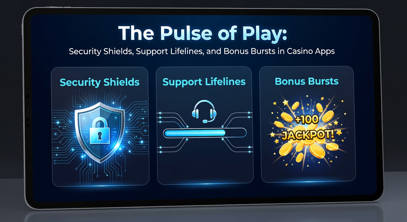 Detaillierte Darstellung eines Chat-Fensters in einer Casino-App neben einem sicheren Wallet-Symbol und explodierenden Bonus-Münzen, die den Support- und Bonus-Fluss illustrieren