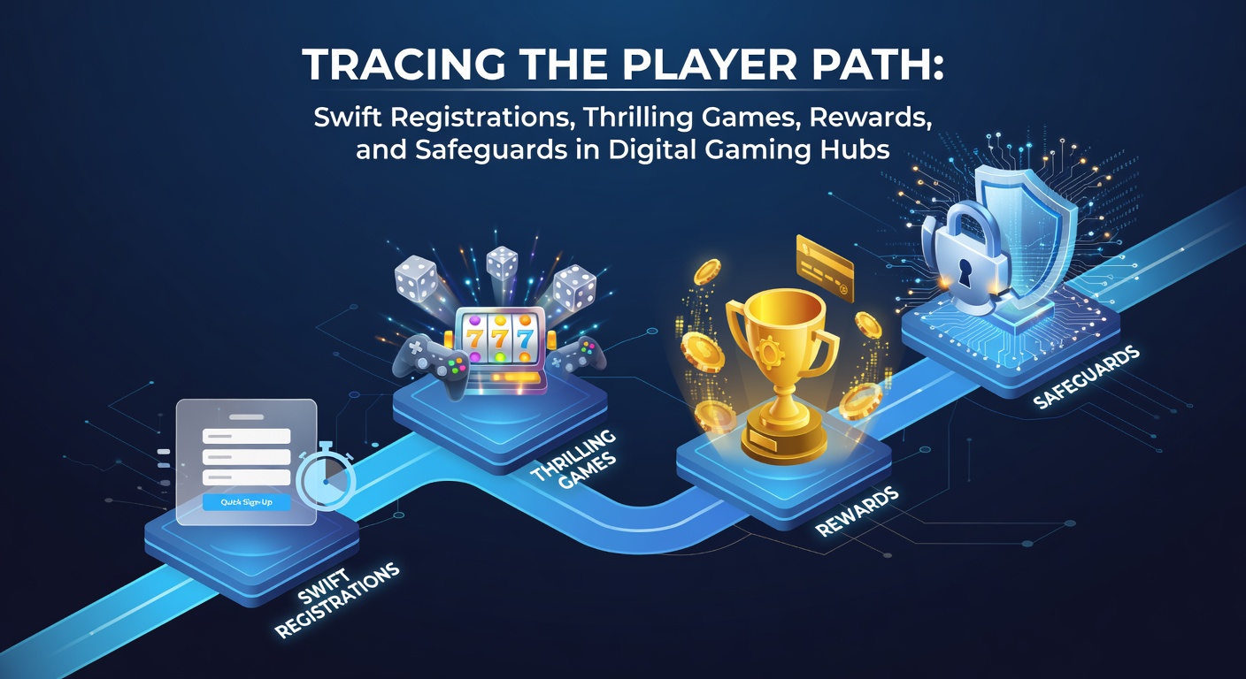 Darstellung eines Spielers, der durch die Stufen eines digitalen Gaming-Hubs navigiert, von Registrierung bis zu Belohnungen und sicheren Features