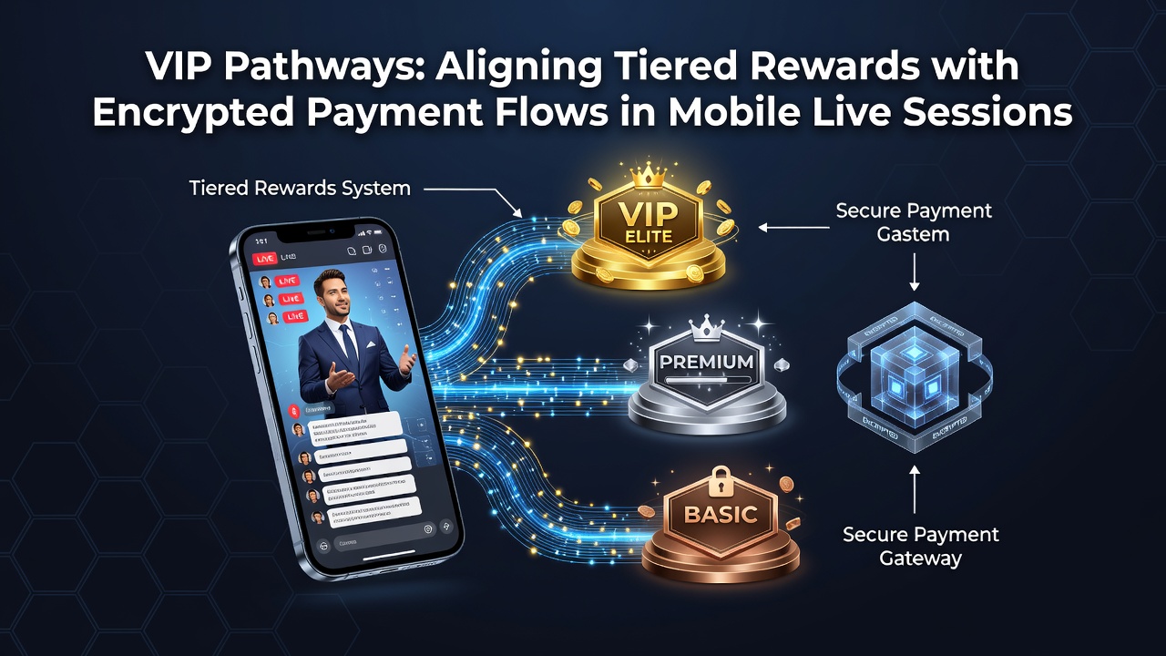 Illustration von VIP-Pfaden mit gestaffelten Belohnungen und verschlüsselten Zahlungsströmen in mobilen Live-Casino-Sessions