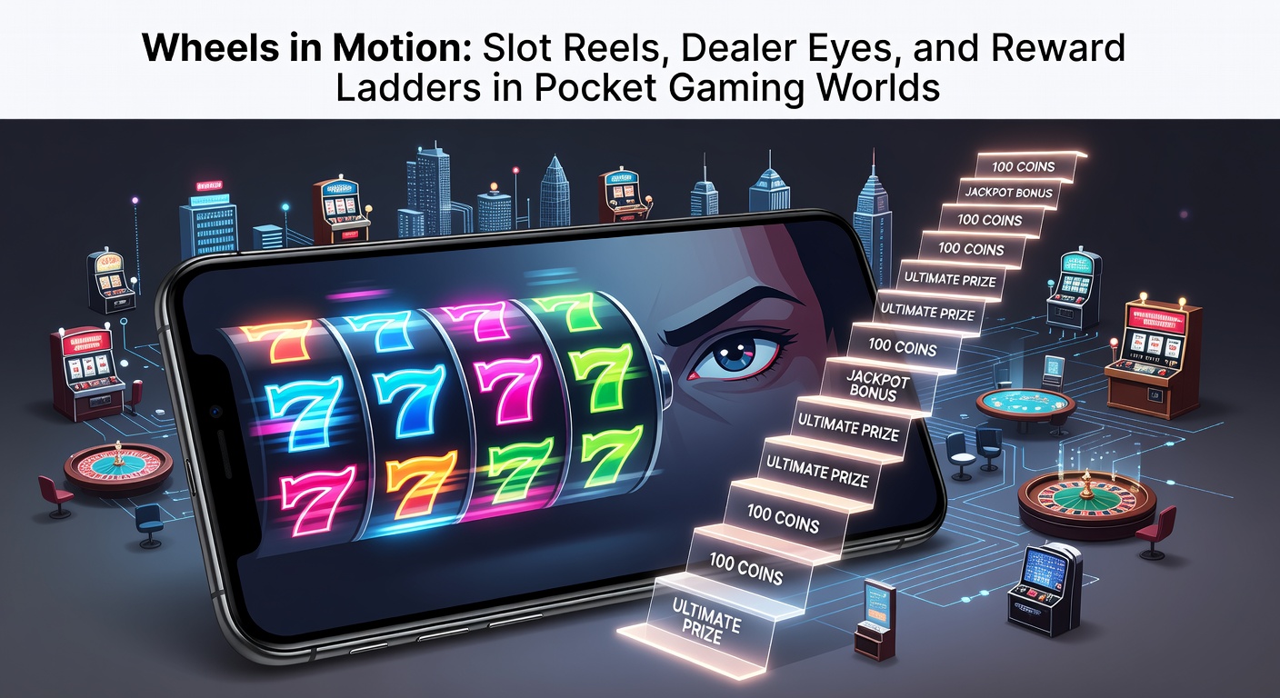 Drehende Räder und leuchtende Slot-Walzen in einer mobilen Casino-App, umgeben von virtuellen Dealer-Figuren und aufsteigenden Belohnungsleitern