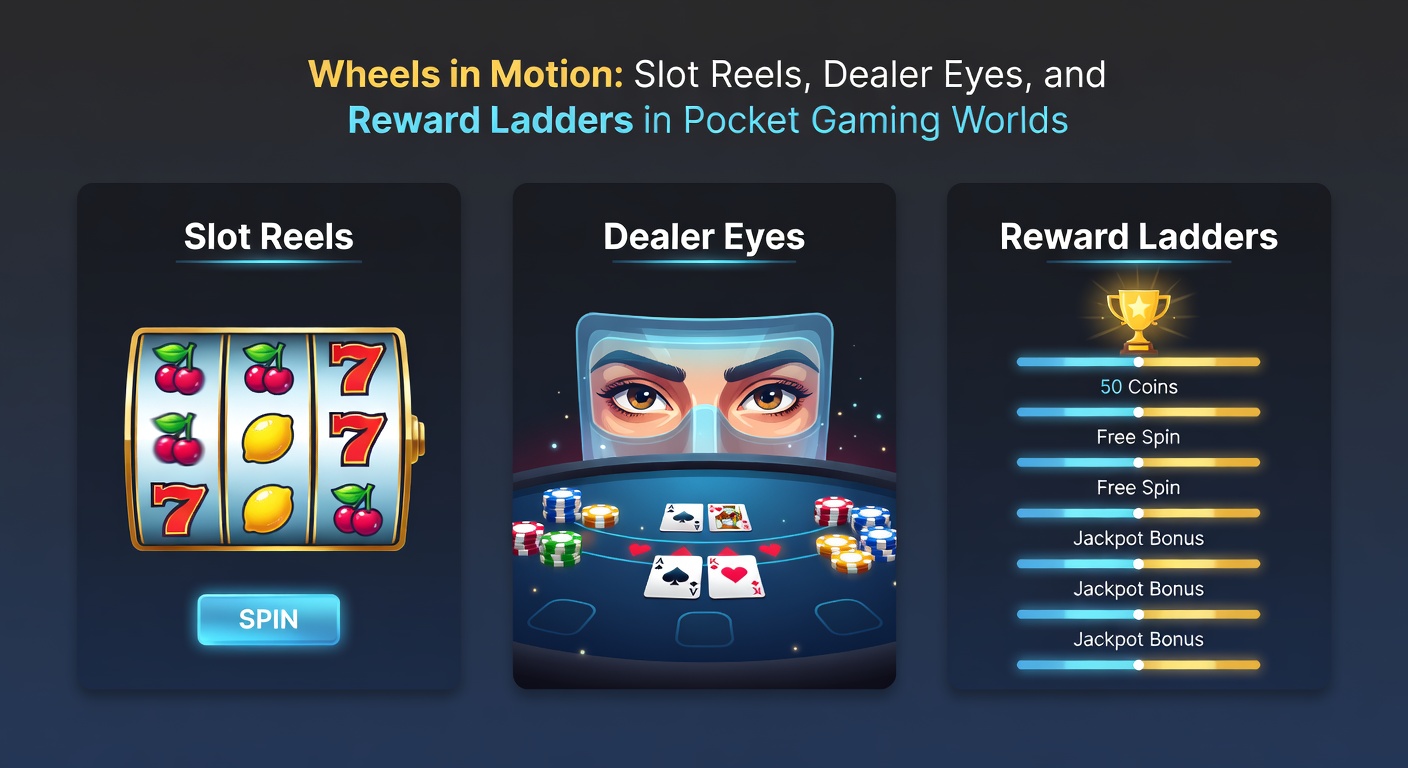 Live Dealer mit scharfem Blick vor Slot-Reels und einer leuchtenden Belohnungsleiter auf einem Smartphone-Bildschirm